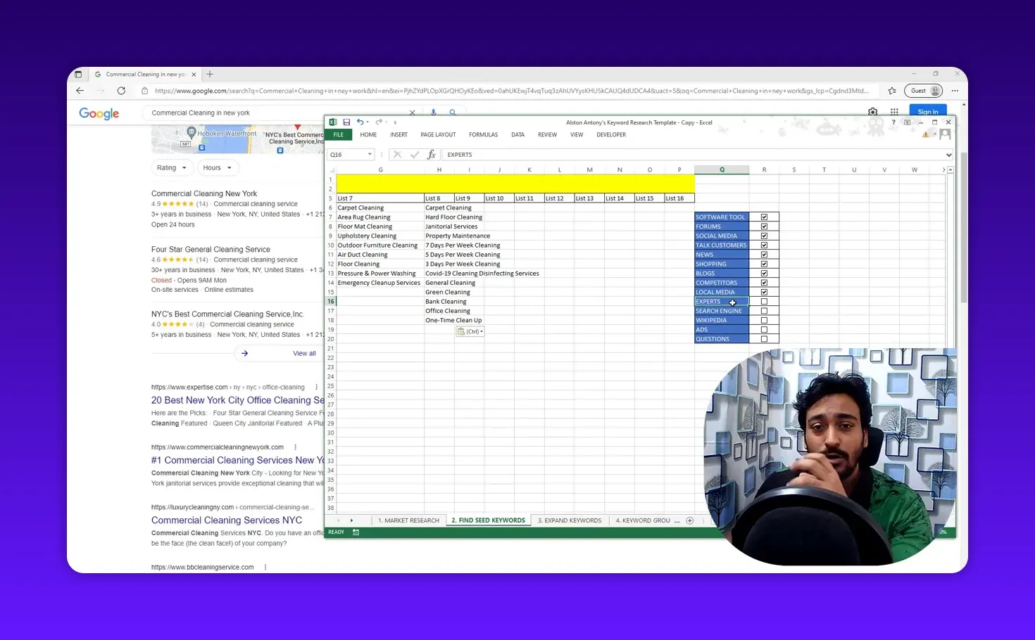 Keyword research spreadsheet with the 'Experts' item highlighted in the source checklist and presenter inset