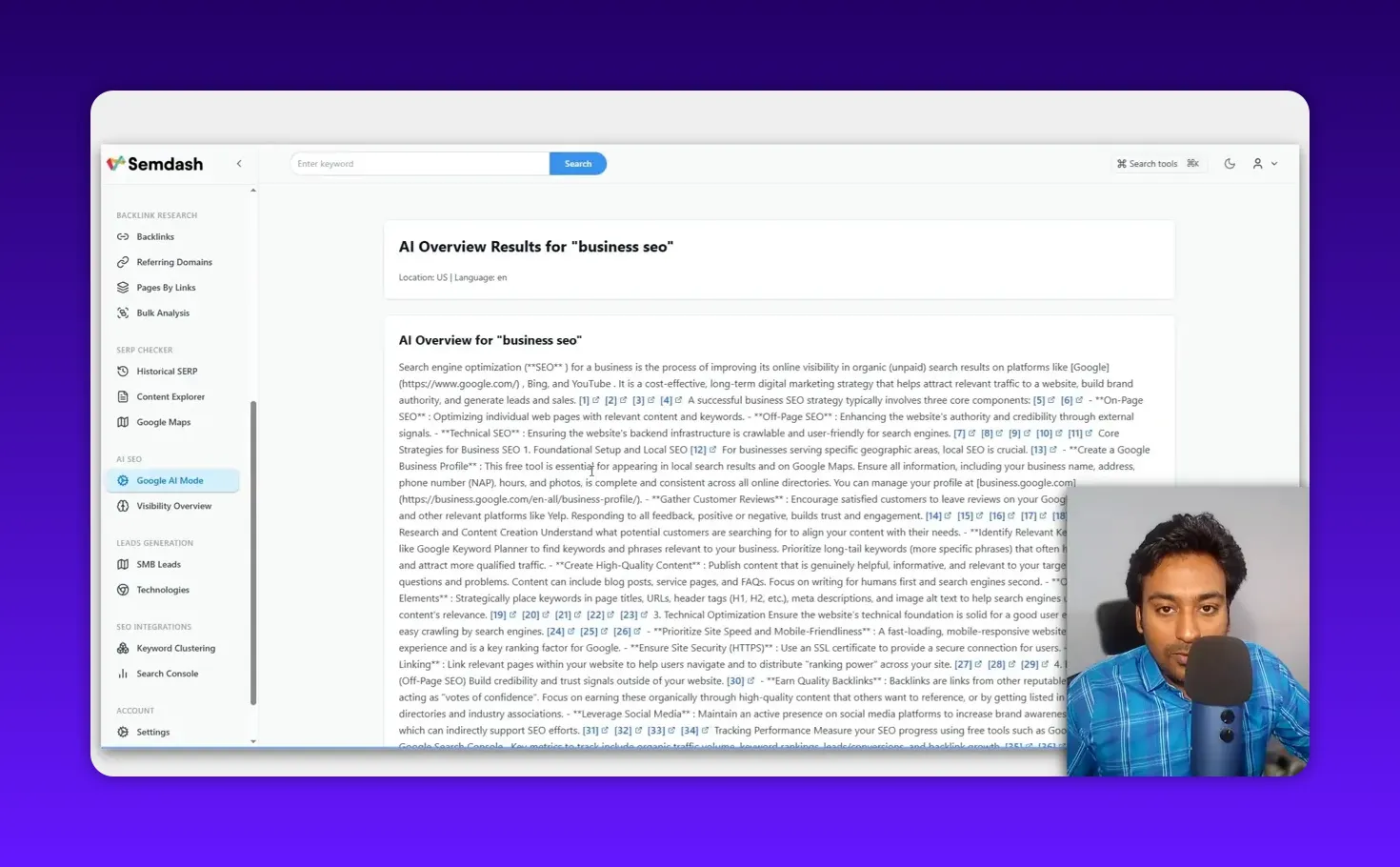 Semdash AI Overview results showing long unformatted text with many citation numbers and references