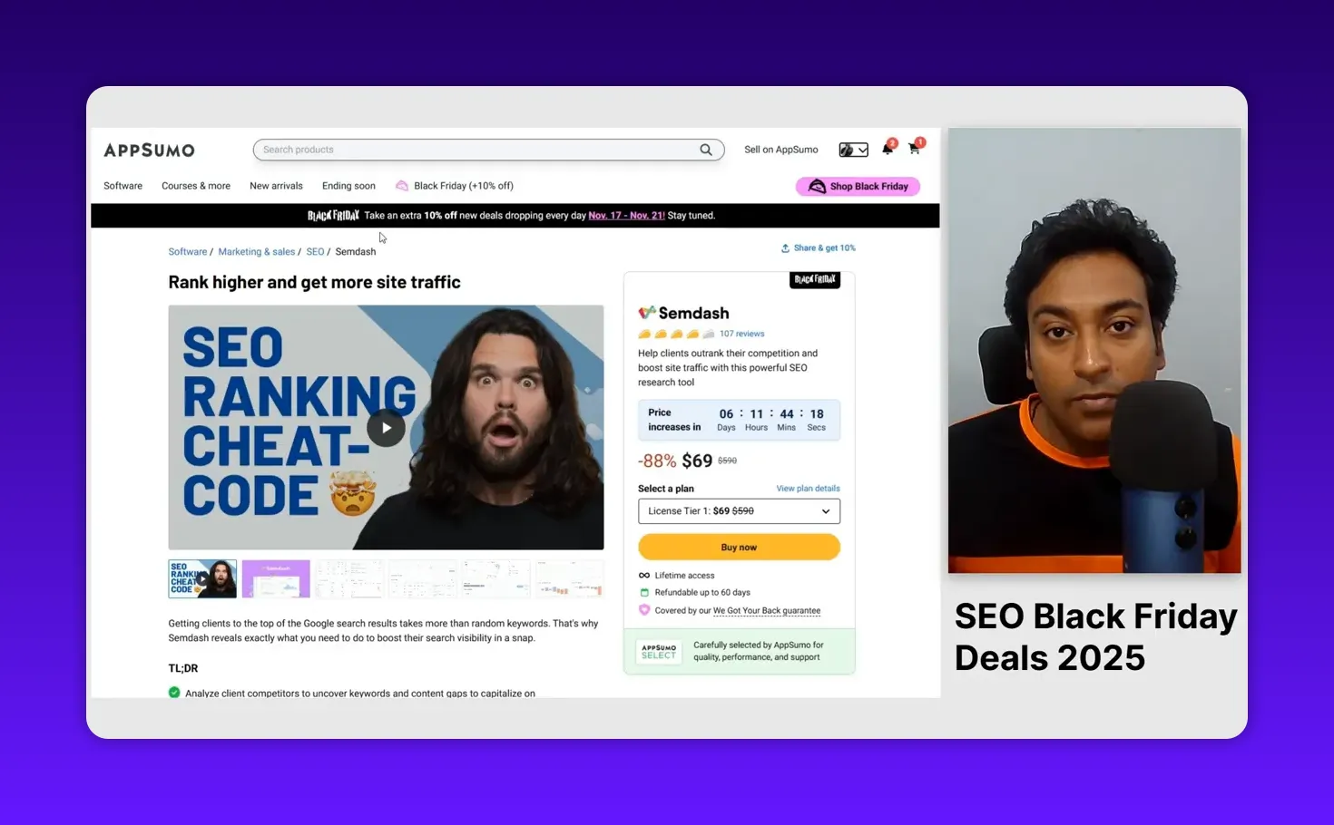 AppSumo Semdash listing with -88% $69 price card, countdown timer and presenter at right speaking into a microphone