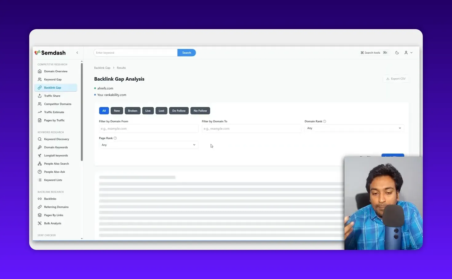 Semdash Backlink Gap Analysis results page showing filter tabs (All, New, Broken, Live, Lost, Do Follow, No Follow)