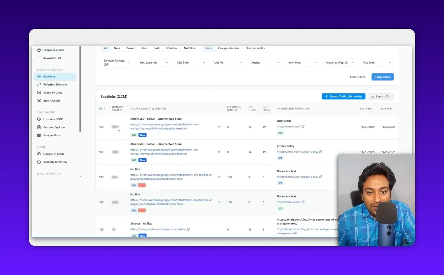 Semdash Backlinks report showing 'Backlinks (2.2M)' and list of referring pages