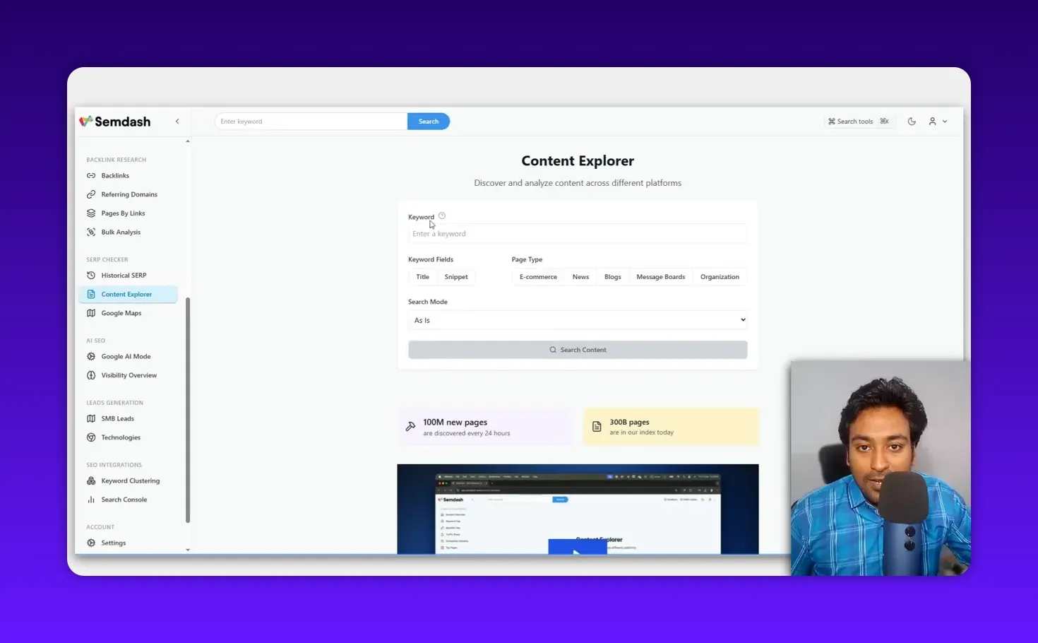 Semdash Content Explorer landing page with keyword input, page-type filters and search content control