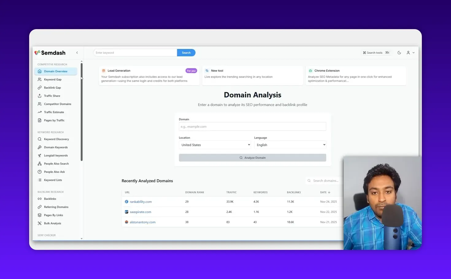 Semdash domain analysis landing page with domain input and recently analyzed domains (clear screenshot)