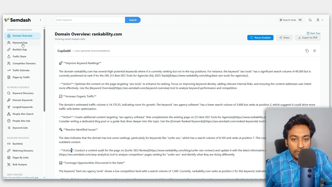 Semdash domain overview showing CopilotAI strategy recommendations and domain metrics