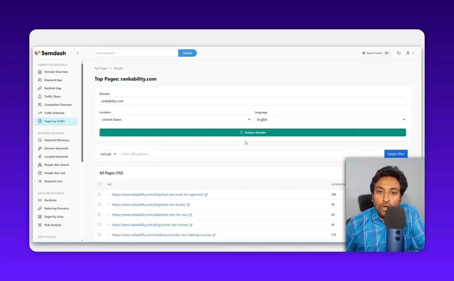 Semdash Top Pages report for rankability.com showing list of pages with keyword counts and traffic columns