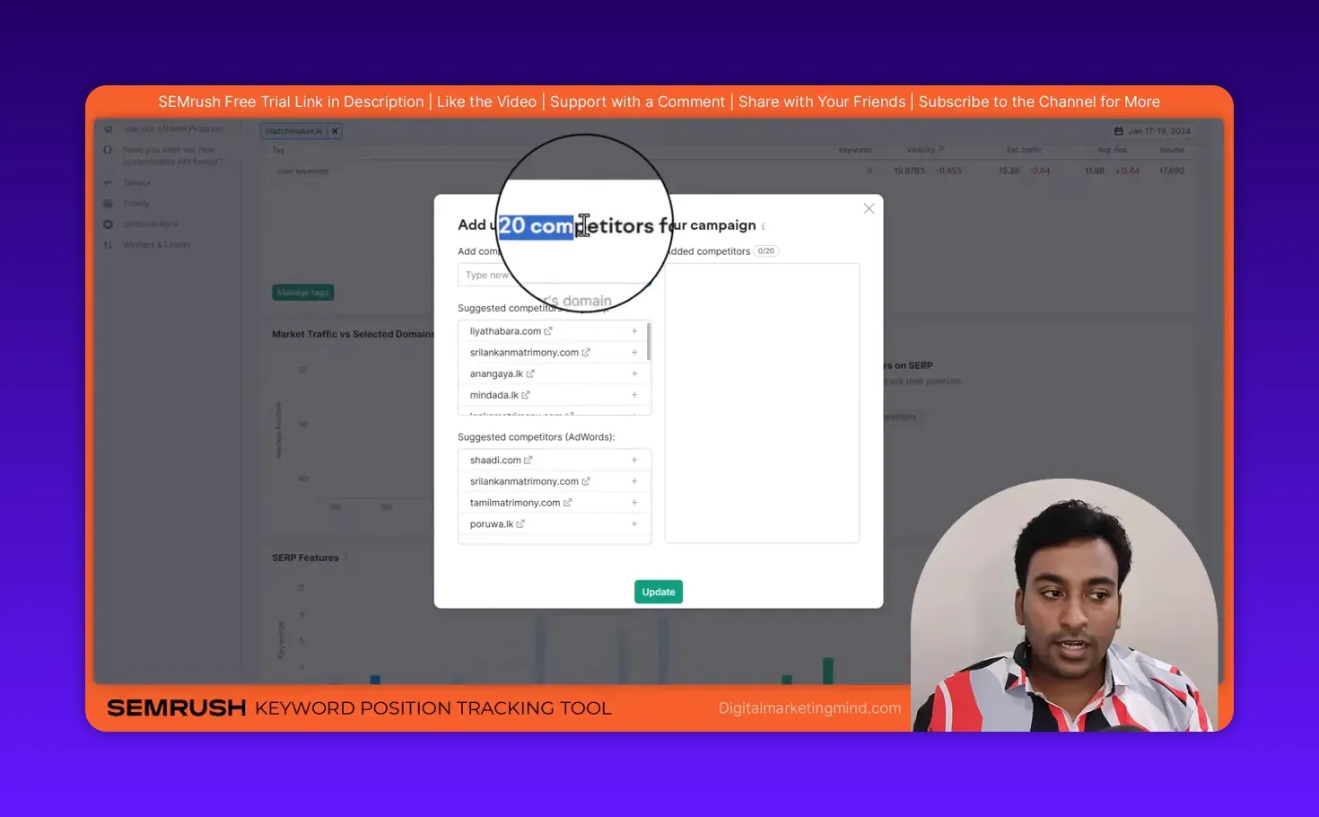 Semrush add competitors dialog showing suggested competitor domains and update button