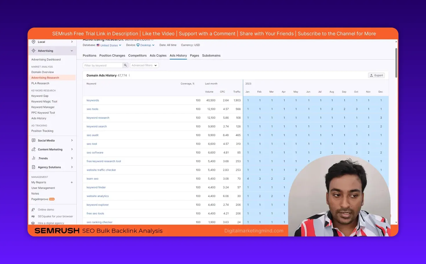 SEMrush Ads History calendar-style view showing month-by-month ad positions and coverage alongside the keyword table, minimal presenter inset.