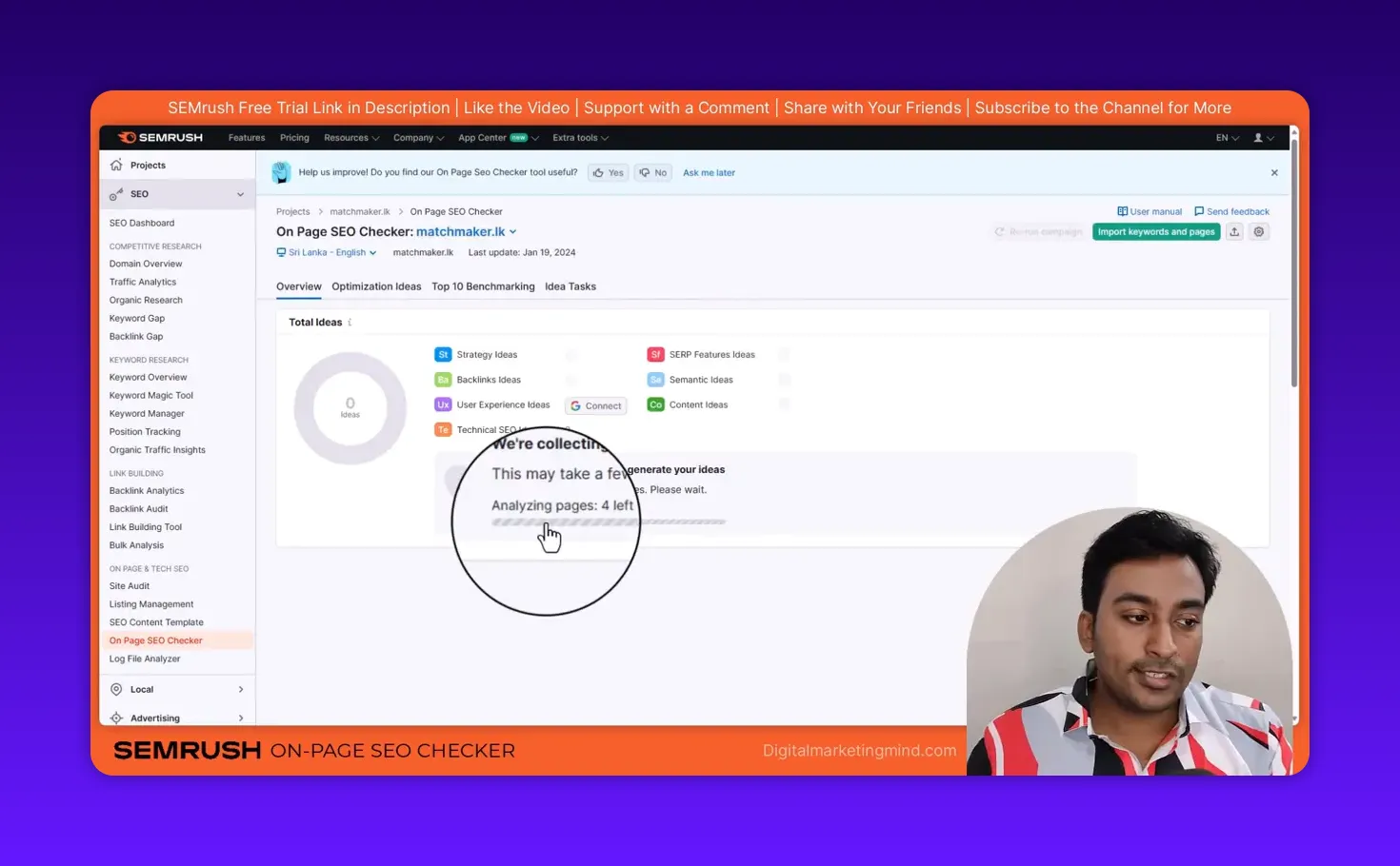 On Page SEO Checker progress bar with magnified text 'Analyzing pages: 4 left' while collecting data.