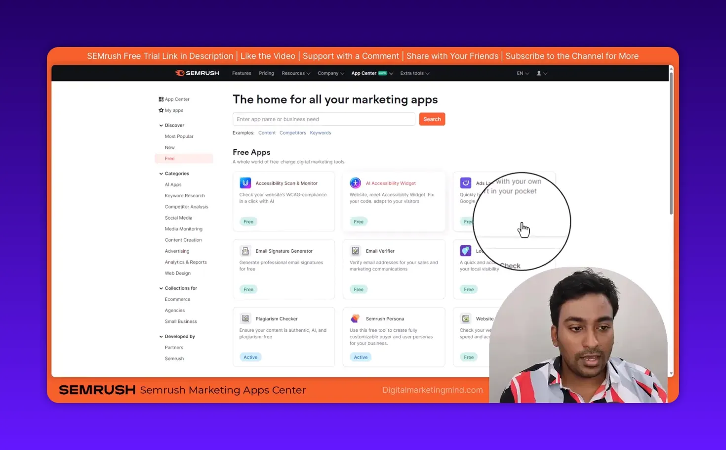 Semrush App Center with 'Free' filter highlighted and Free Apps grid including Plagiarism Checker card