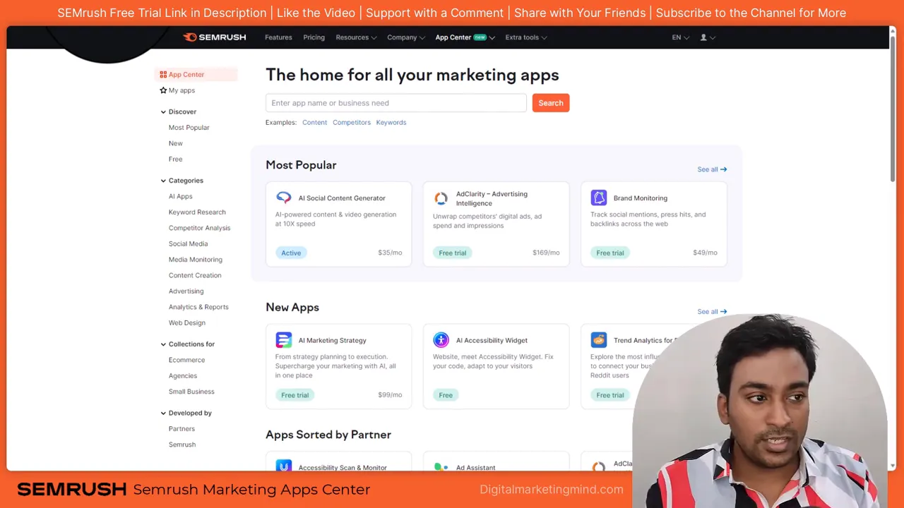 Semrush App Center homepage showing search box, Most Popular apps, and left-hand categories menu
