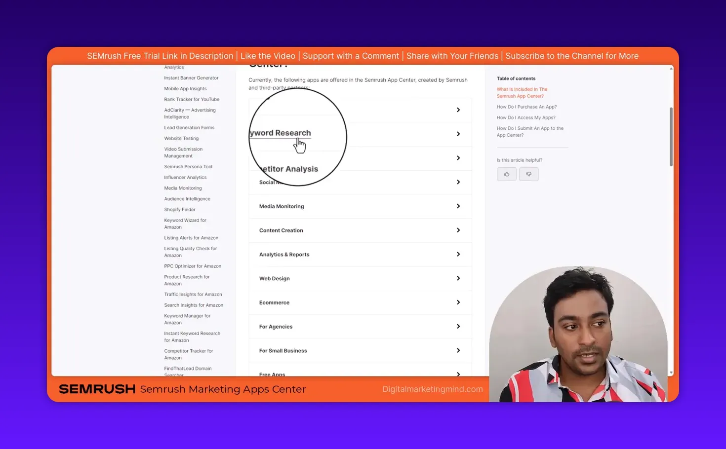 Semrush App Center categories menu with Keyword Research item highlighted by a magnifier/cursor