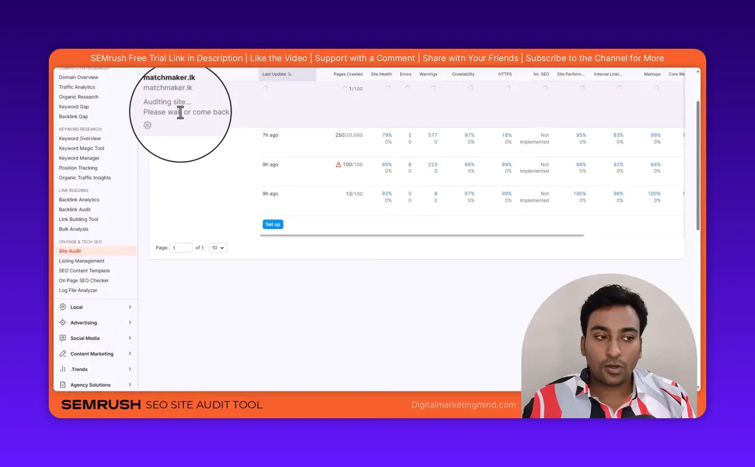 SEMrush Site Audit screen with magnified text 'Auditing site... Please wait' indicating crawl in progress