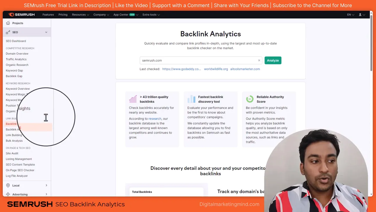 Semrush Backlink Analytics landing page with domain search box and overview header
