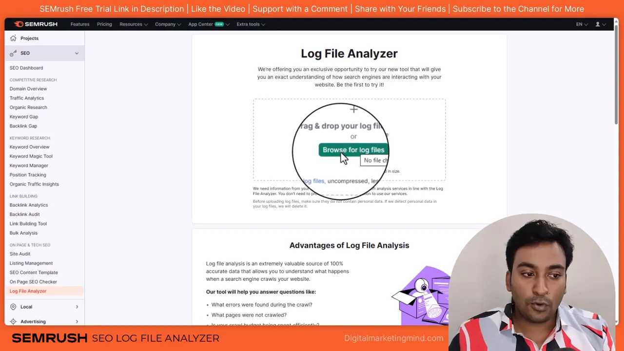 SEMrush Log File Analyzer upload screen showing a magnified 'Browse for log files' button and upload area.