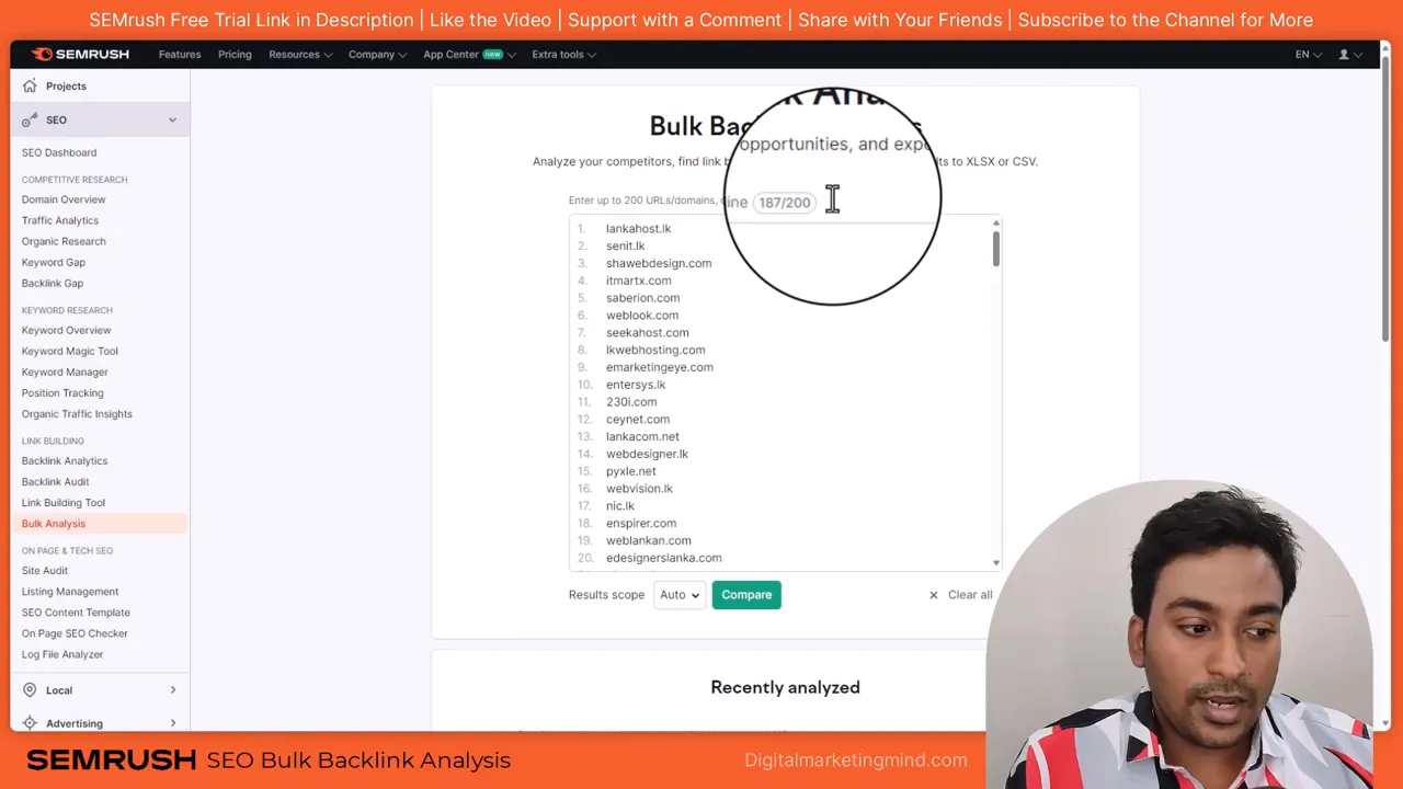 Semrush bulk backlink analysis input box with a list of domains and counter showing 187 of 200