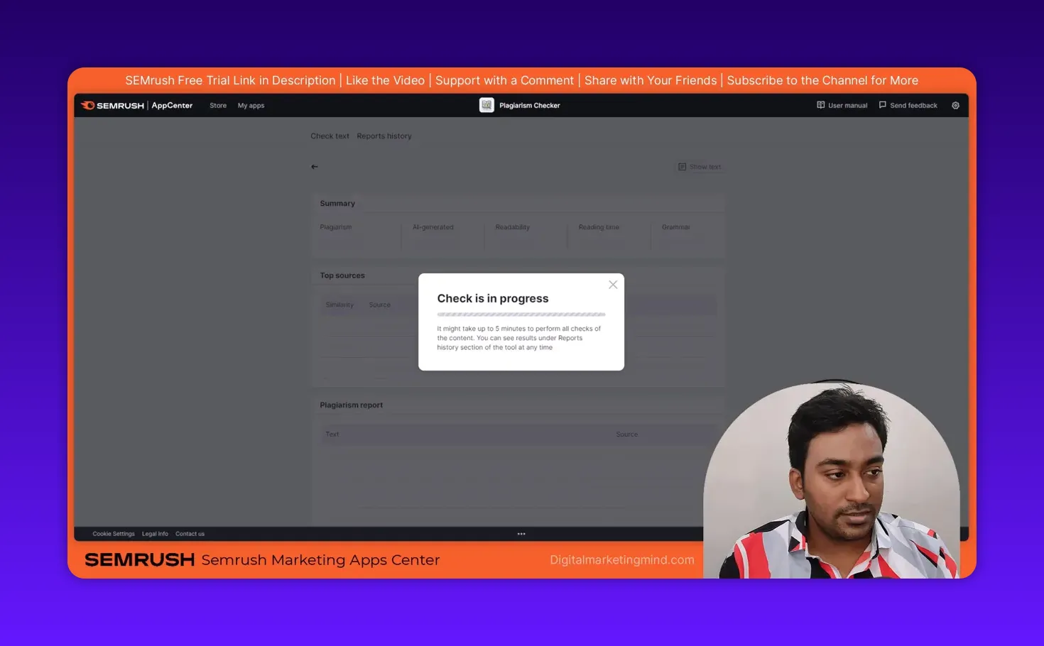 Semrush plagiarism checker 'Check is in progress' dialog centered on the screen