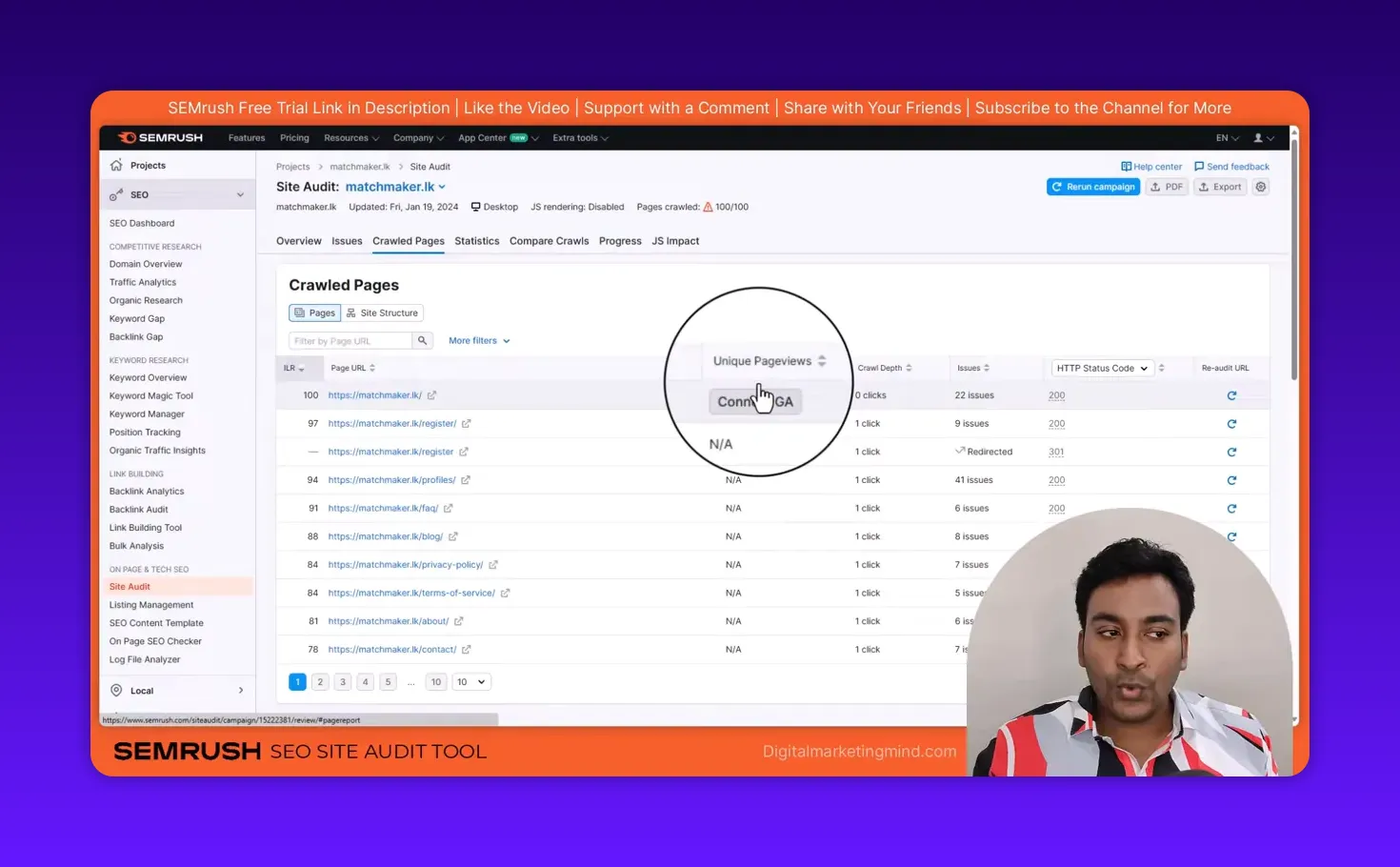 SEMrush Crawled Pages table with magnified 'Unique Pageviews' header and 'Connect GA' prompt