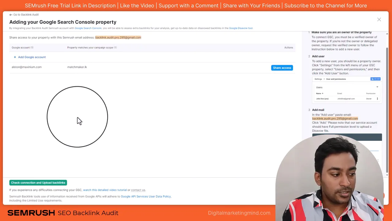SEMrush 'Adding your Google Search Console property' screen with 'Check connection and Upload backlinks' button and presenter overlay