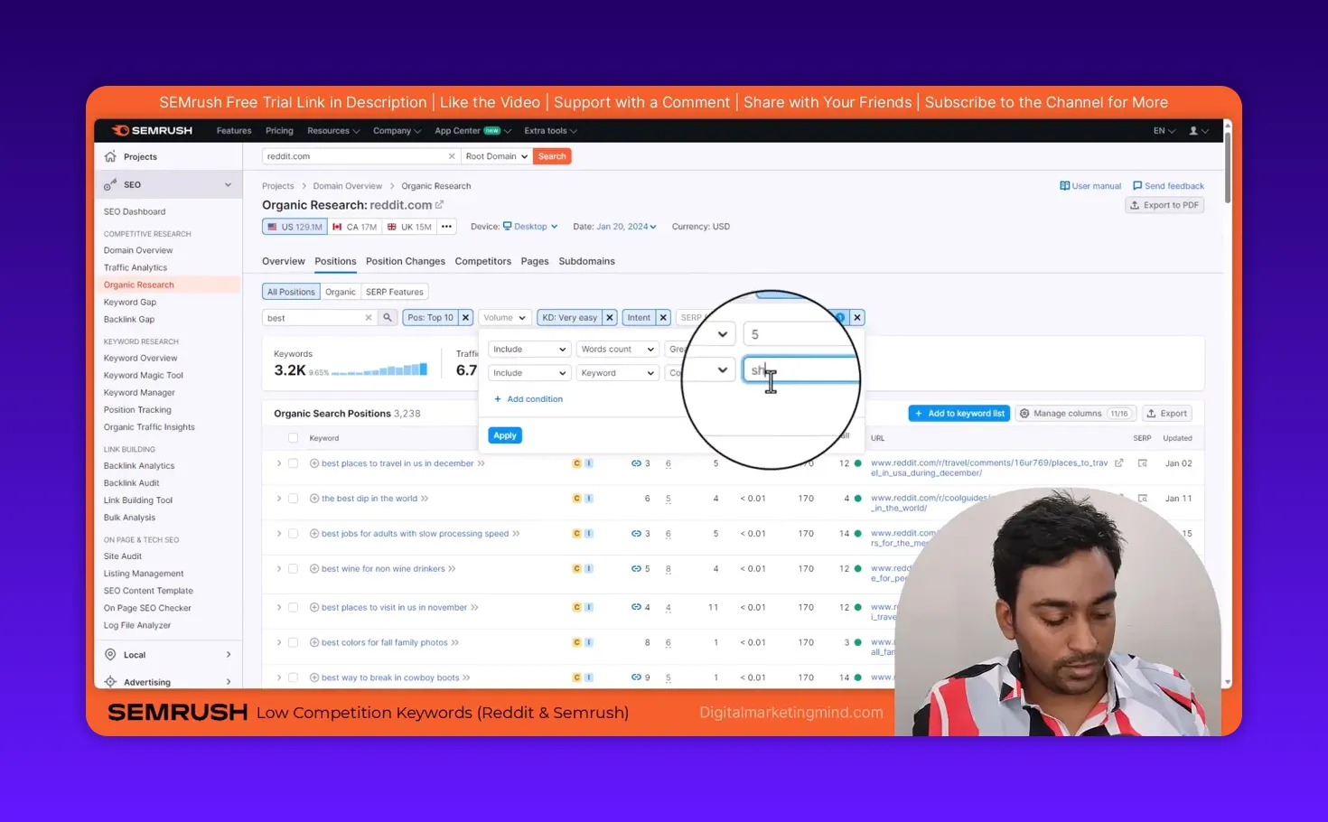 SEMrush advanced filters with a magnified input where 'sh' is being typed to filter keywords