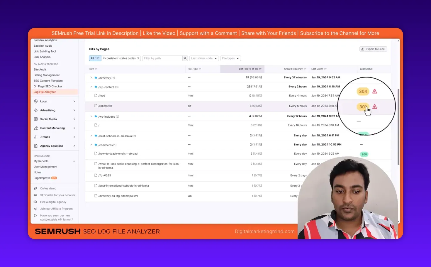 SEMrush Log File Analyzer 'Hits by Pages' table with 304 and 301 status badges highlighted and warning icons visible.