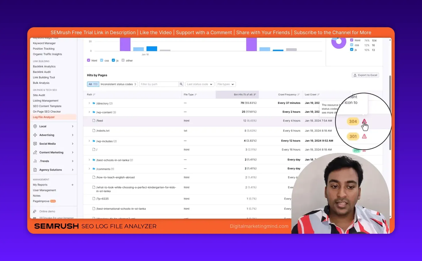 SEMrush Log File Analyzer showing highlighted 304 and 301 status badges with warning icon and tooltip