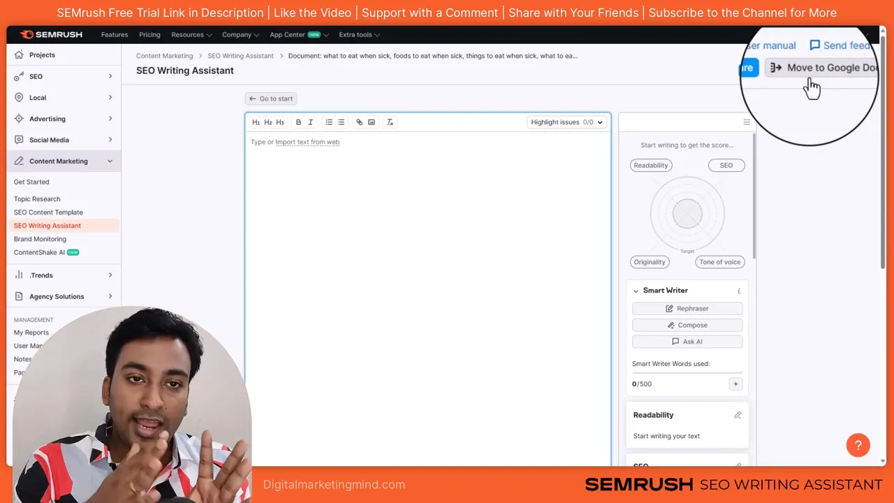 SEMrush SEO Writing Assistant interface showing a magnified 'Move to Google Docs' button in the top right