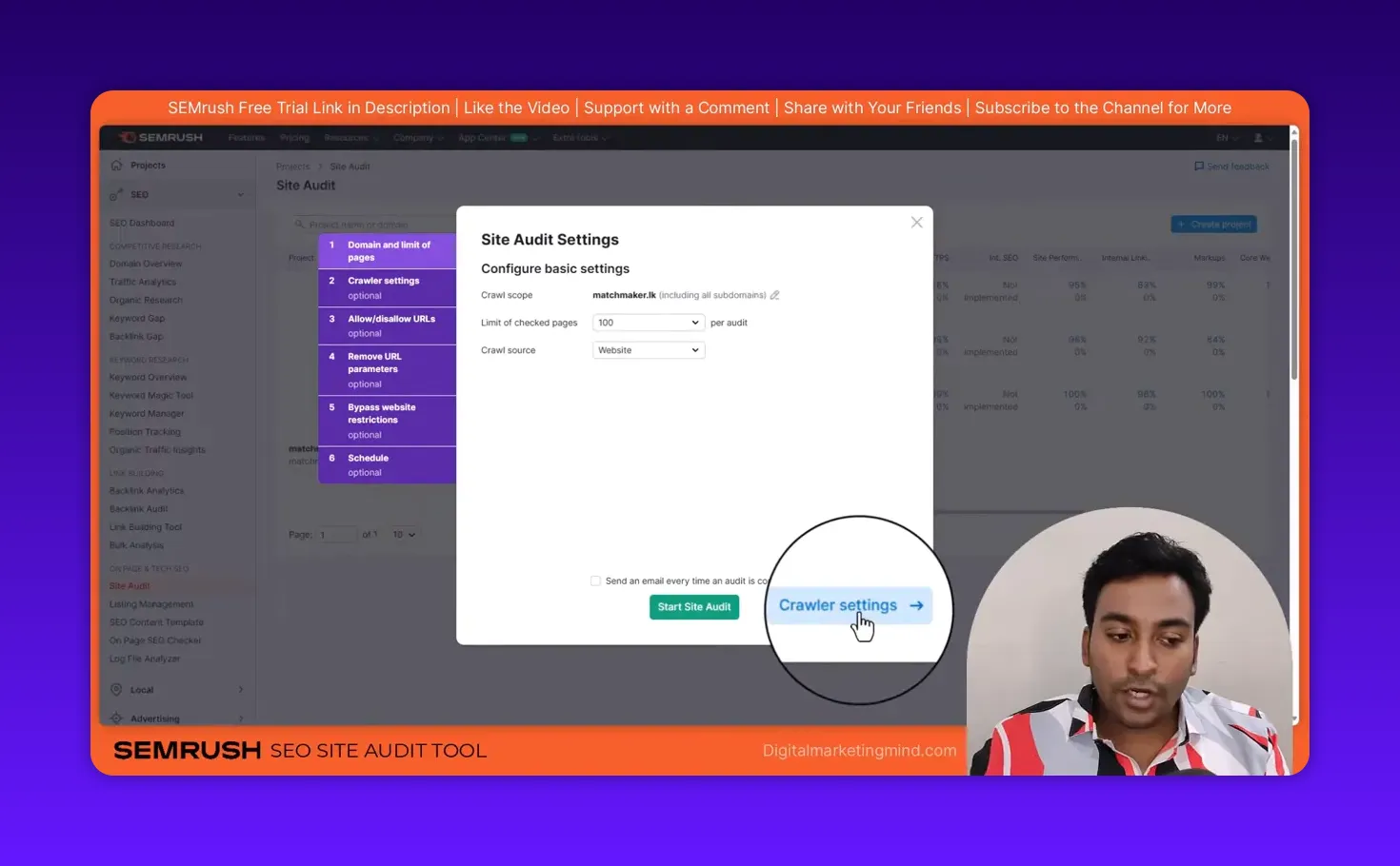 Semrush Site Audit dialog with the 'Crawler settings' link highlighted and magnified