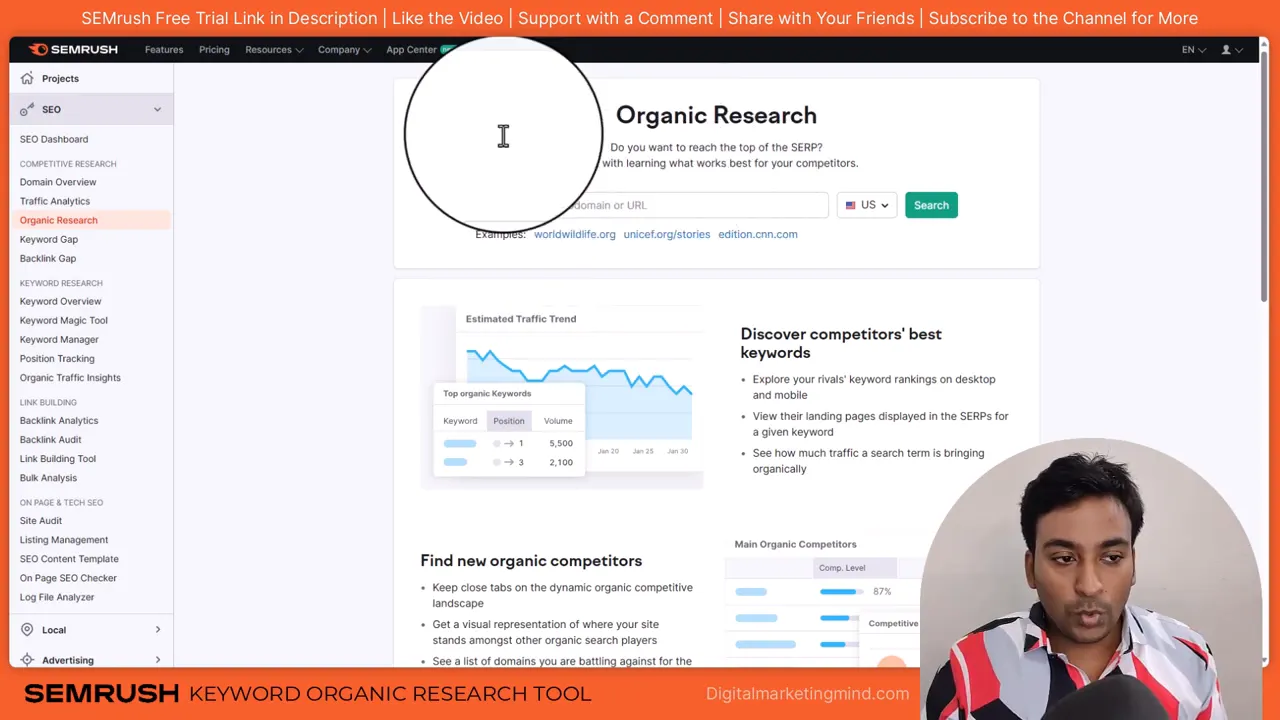 SEMrush Organic Research landing page showing left navigation and search box