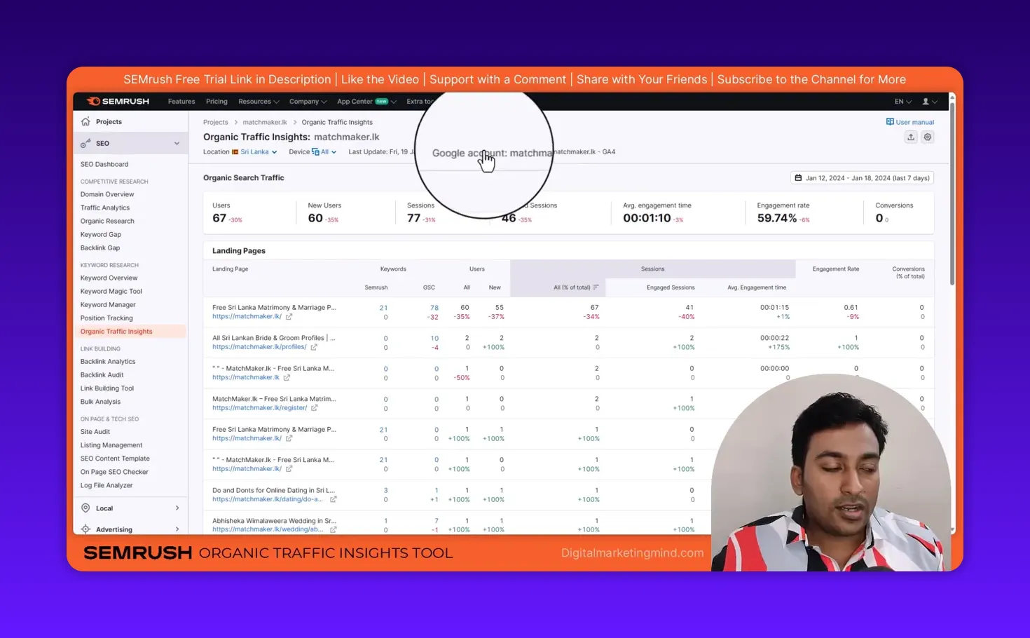 Semrush Organic Traffic Insights showing the linked Google account with magnified cursor