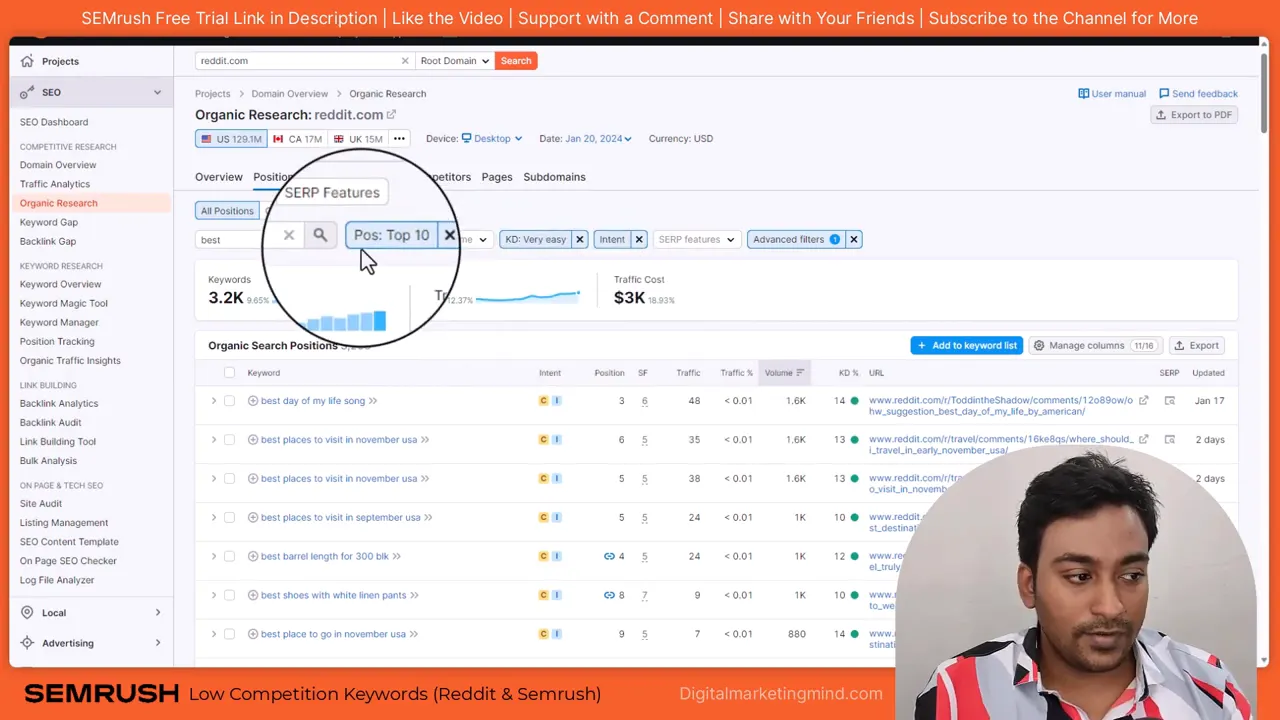 Semrush Organic Research screen with the 'Pos: Top 10' filter highlighted