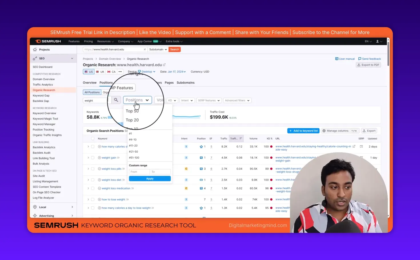 Semrush Organic Research showing a magnified 'Positions' filter dropdown with options like Top 50, Top 20, and custom range