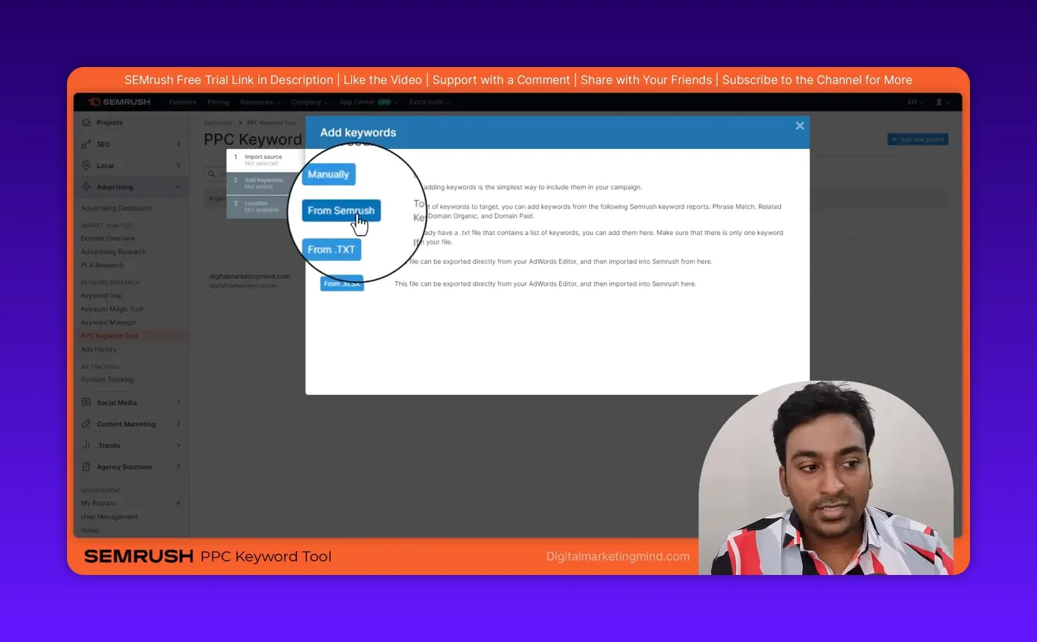 SEMrush PPC Keyword Tool 'Add keywords' modal with magnified import buttons and the 'From Semrush' option highlighted by a cursor.