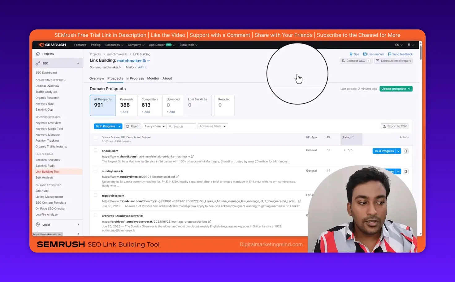 SEMrush Link Building Prospects screen with summary tiles, prospect list and 'To In Progress' action
