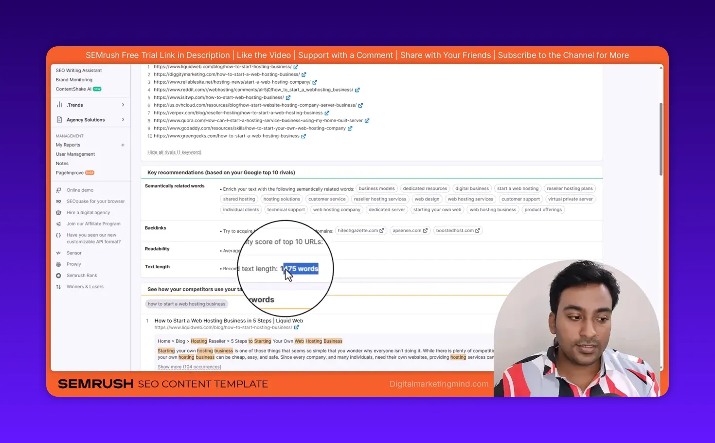 SEMrush Content Template screenshot with magnifier highlighting '1475 words' recommended text length, clear interface and speaker overlay.