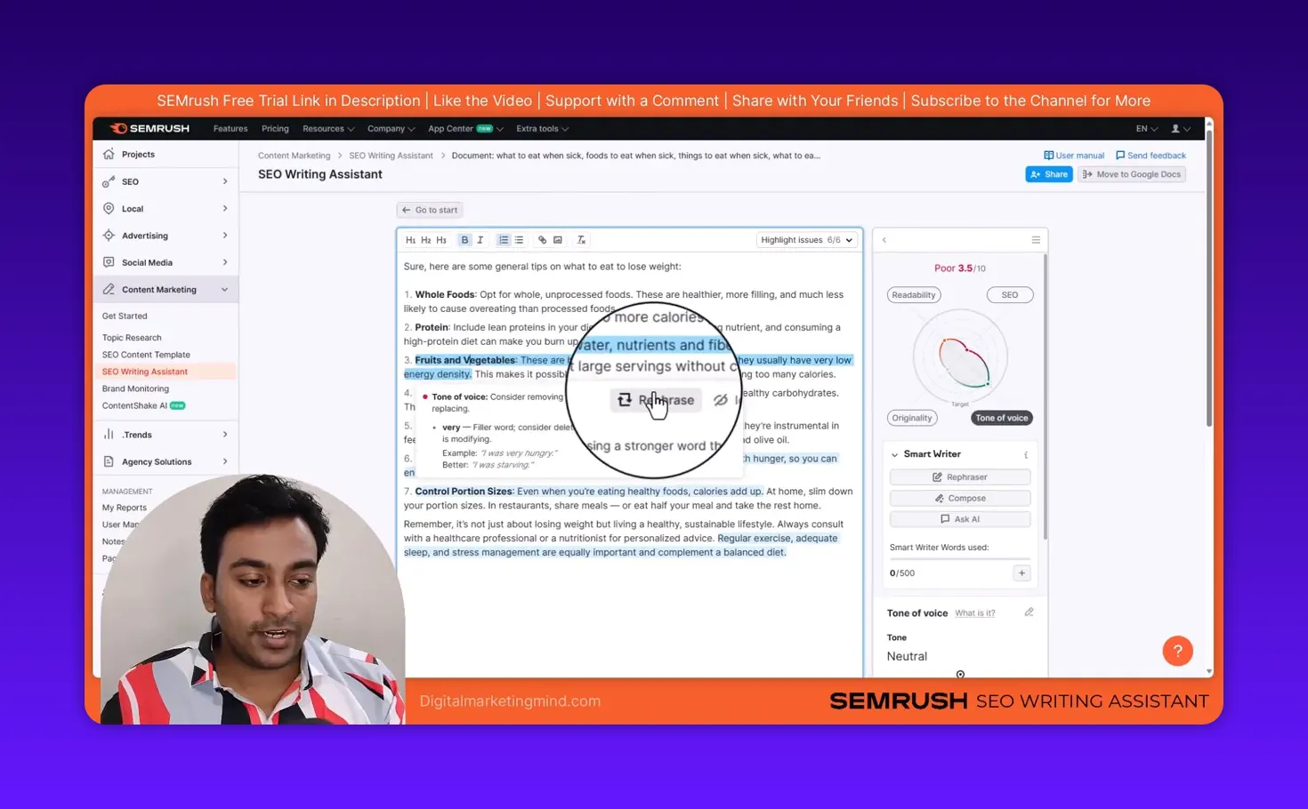 Close-up of SEMrush suggestion popup with Rephrase button shown over highlighted text