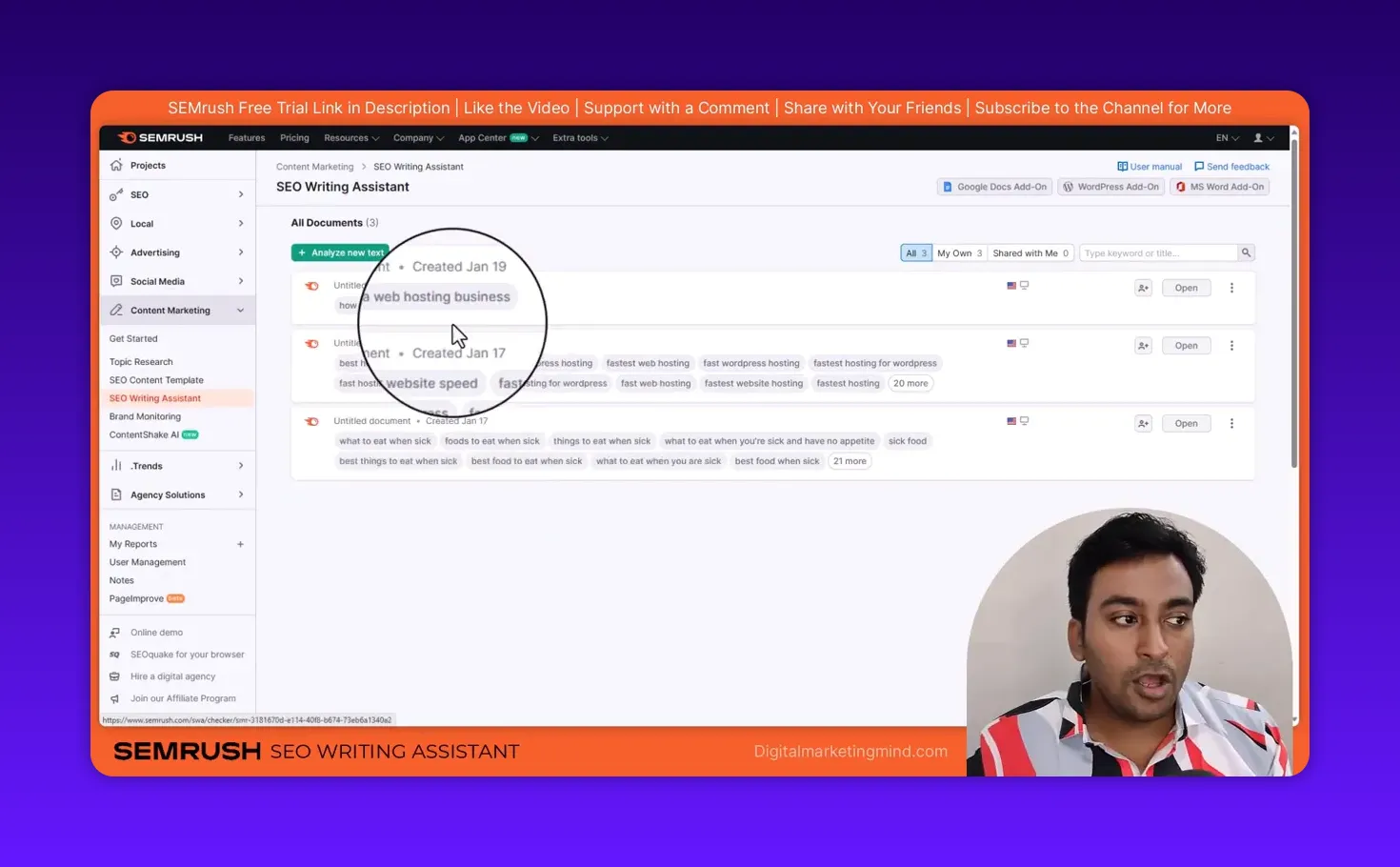 SEMrush SEO Writing Assistant showing a saved document 'how to start a web hosting business' in the list