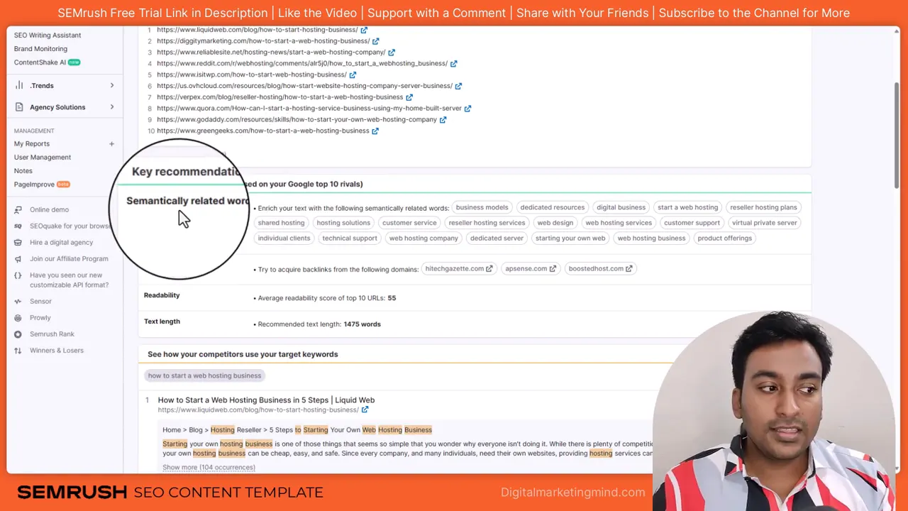 Semrush SEO Content Template with magnified 'Semantically related words' section and readability/text length recommendations