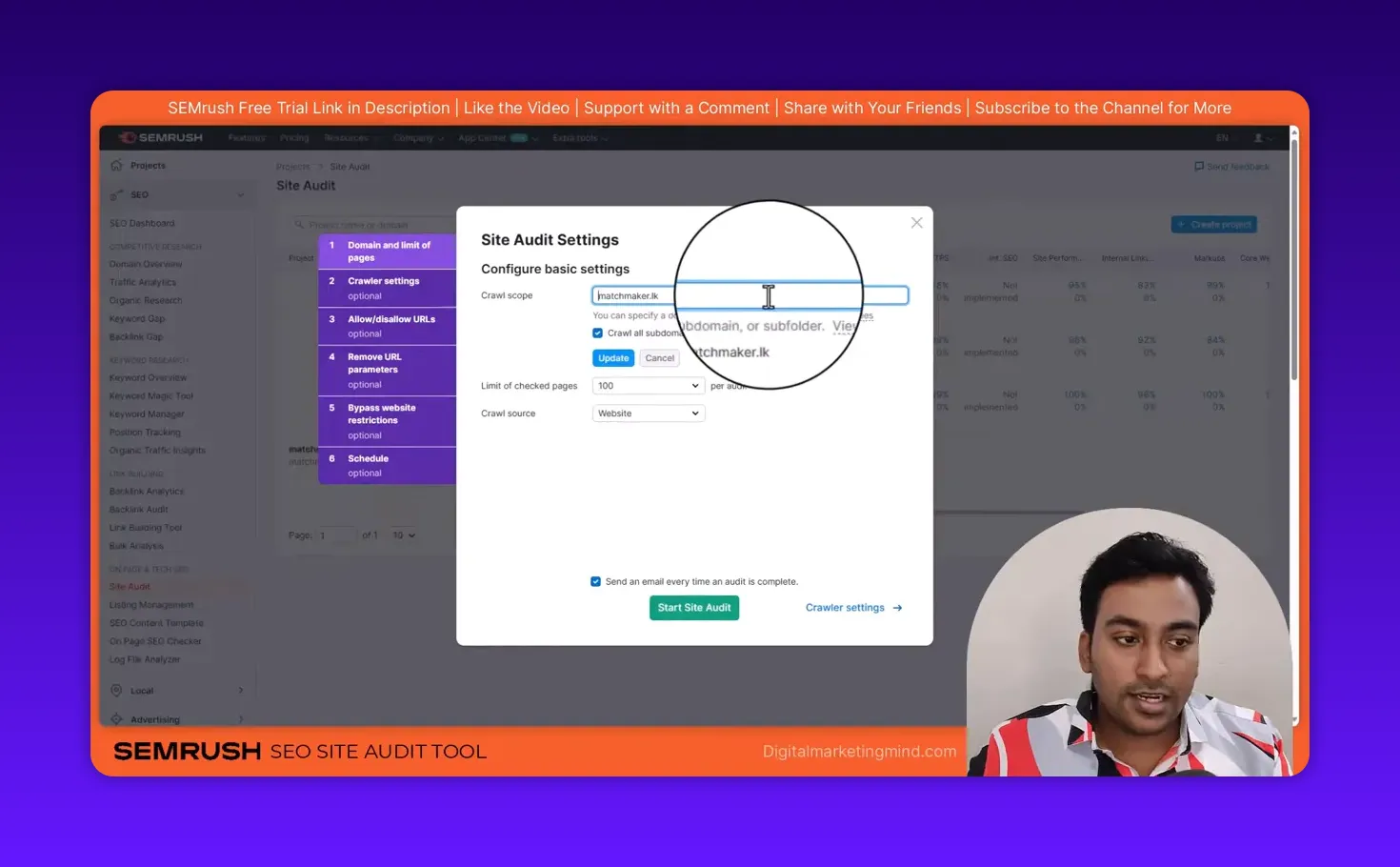 SEMrush Site Audit settings dialog showing crawl scope input with domain typed and magnified cursor