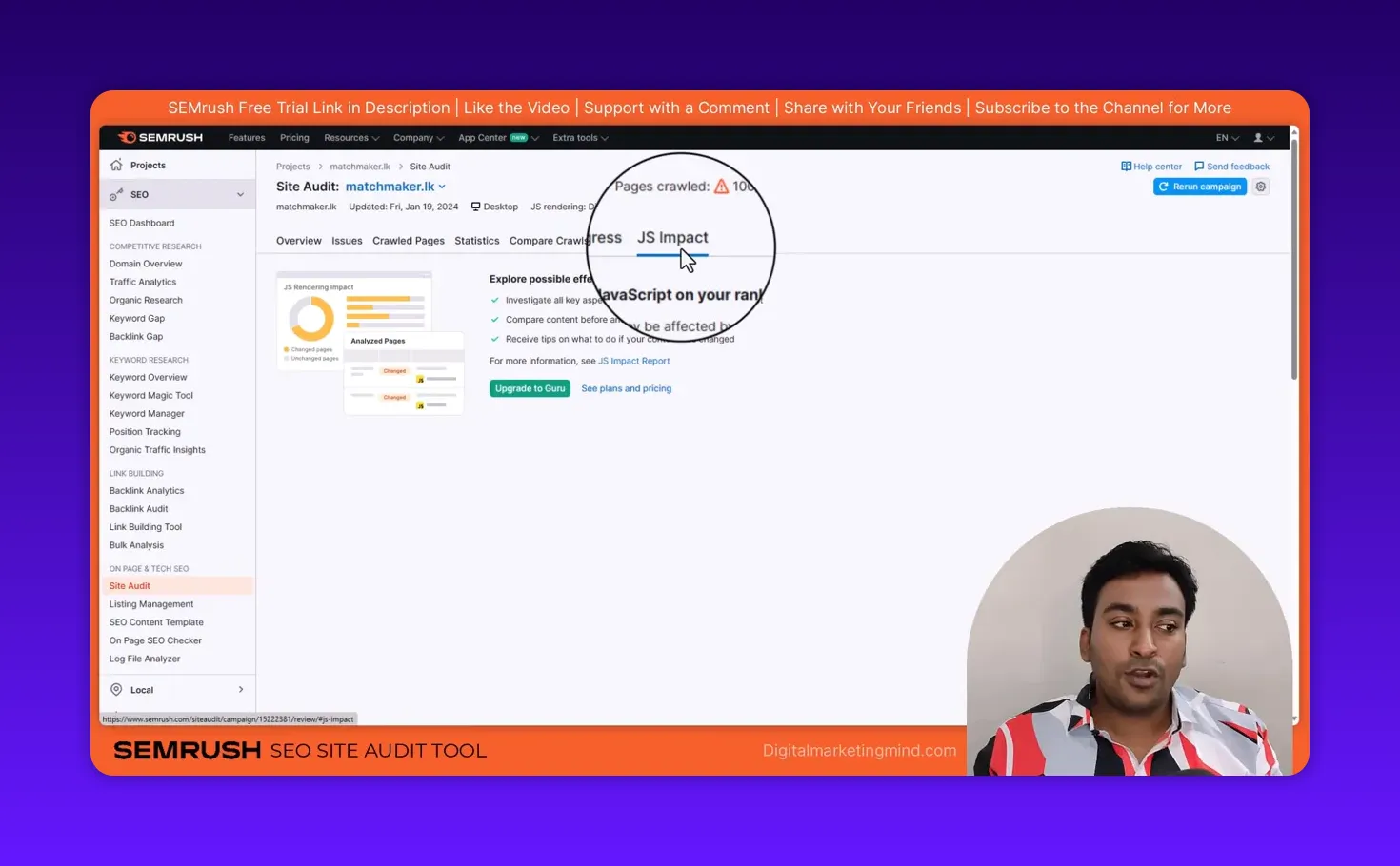 Semrush Site Audit screen with the 'JS Impact' tab magnified and cursor over it