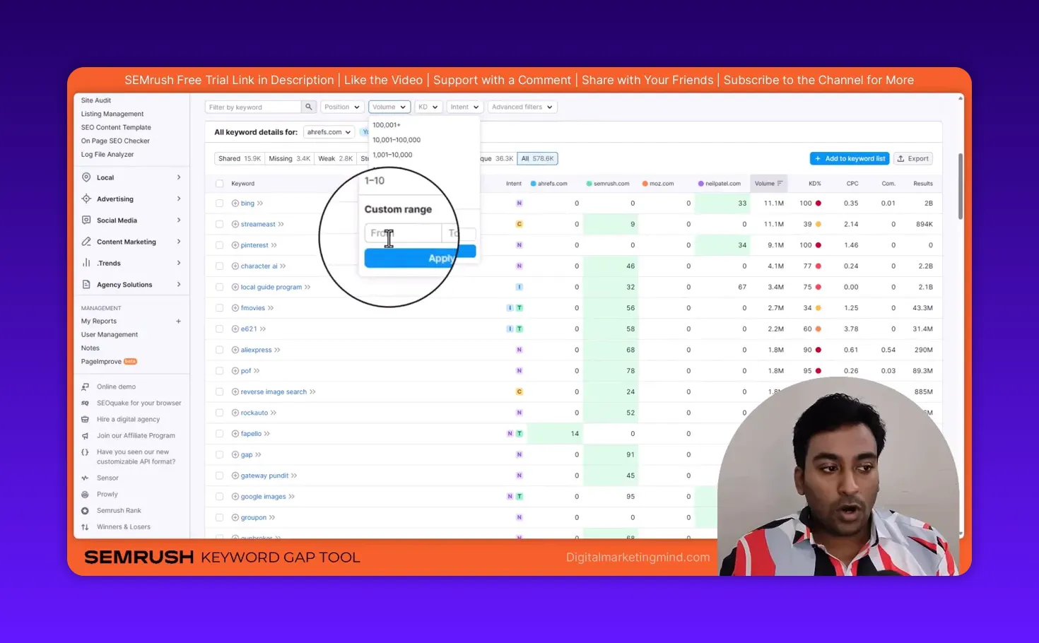 Semrush Keyword Gap volume filter dropdown showing the custom range 'From' input and Apply button to limit keywords by search volume.