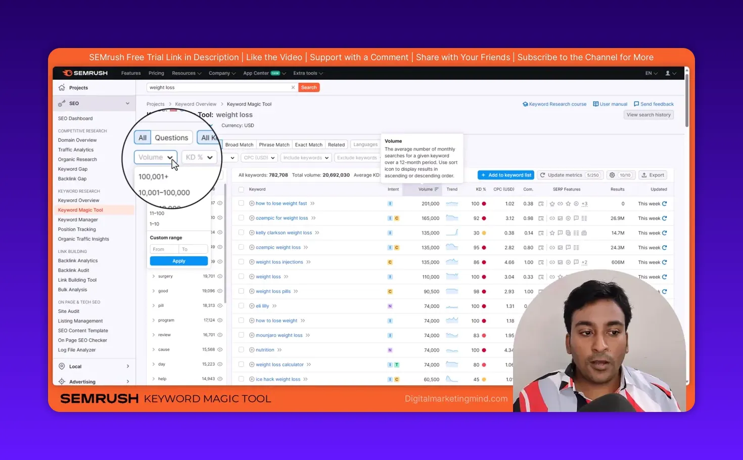 SEMrush Keyword Magic Tool showing a volume filter tooltip over the results table with a presenter overlay.