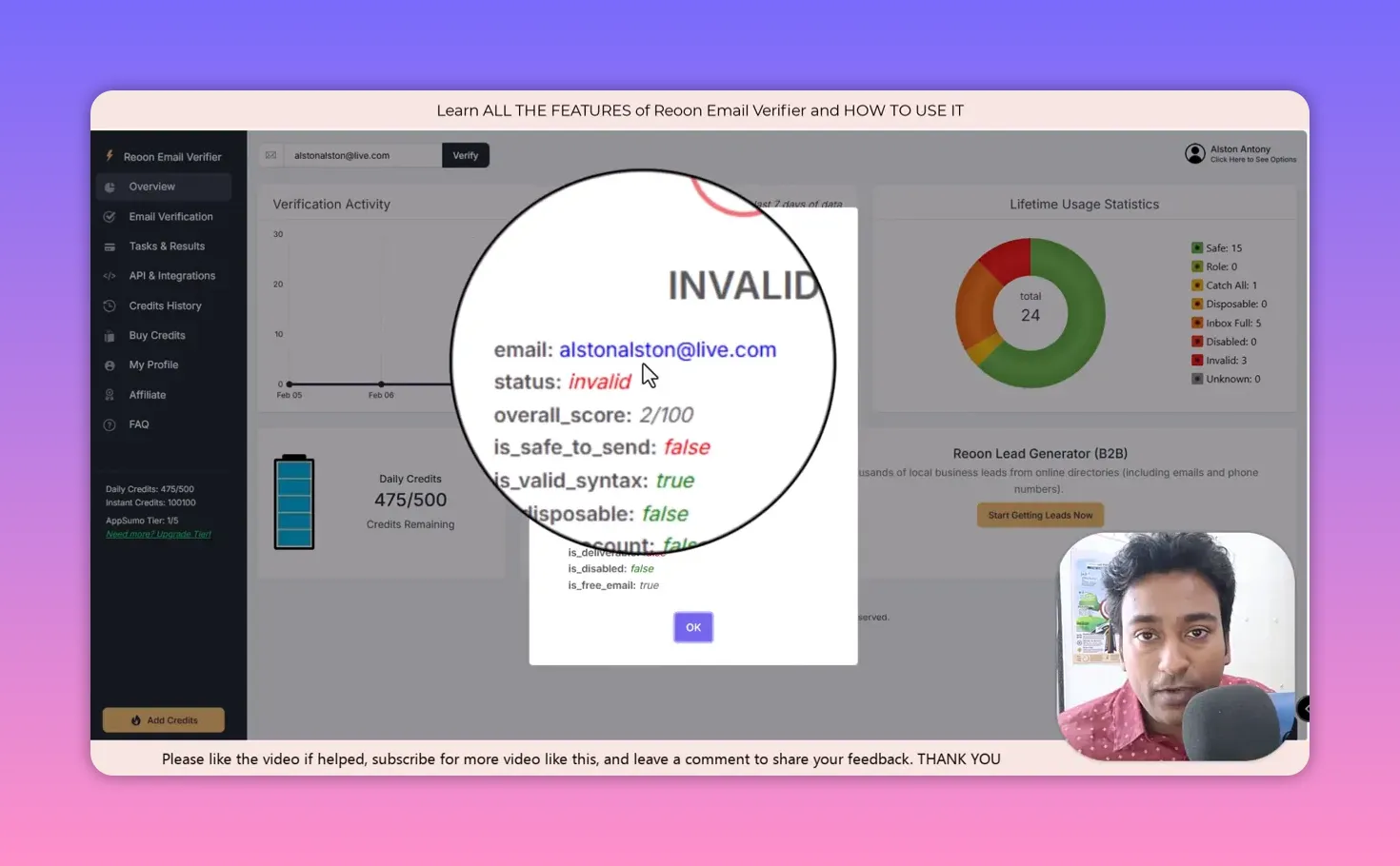 Reoon verification result popup showing email alstonalston@live.com marked 'invalid' with overall_score 2/100 and is_safe_to_send false.