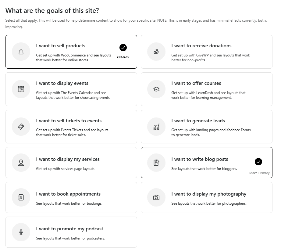 Website builder goals selection interface with various site purposes listed Website builder goals selection interface with various site purposes listed