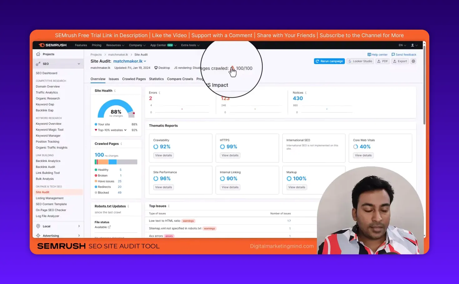 SEMrush Site Audit dashboard highlighting the Site Health score and counts for Errors, Warnings and Notices