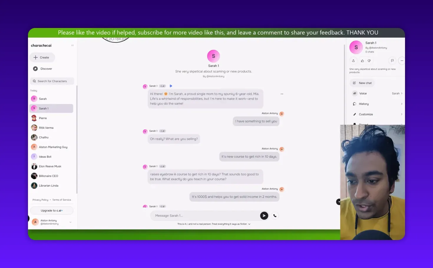 Character.ai chat showing a message 'raises eyebrow A course to get rich in 10 days? That sounds too good to be true' with presenter video inset