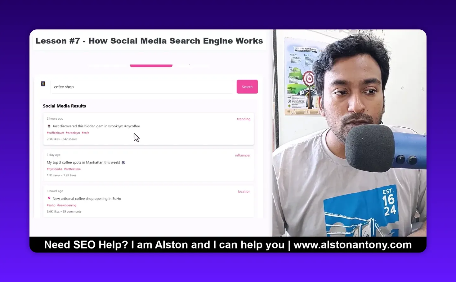 Social media search results listing for 'coffee shop' with a cursor over a result and a presenter speaking into a microphone at right