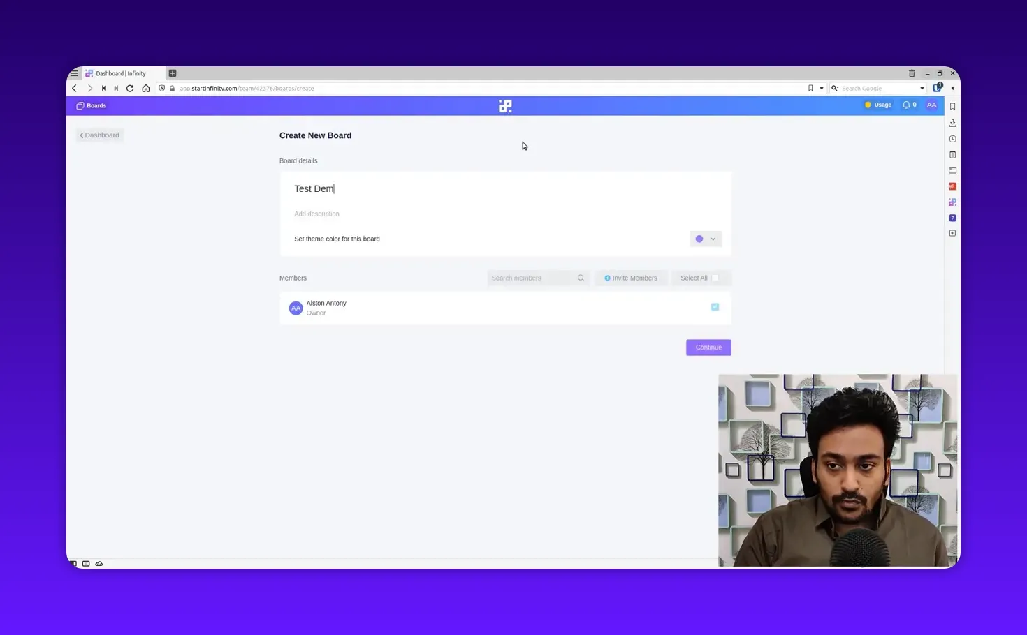 Start Infinity Create New Board page with 'Test Demo' entered in the board name field and members list below; presenter overlay in bottom-right.