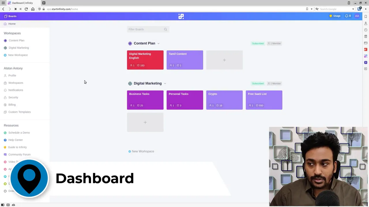 Start Infinity dashboard showing workspaces and board cards with a 'Dashboard' banner and small presenter overlay in corner.