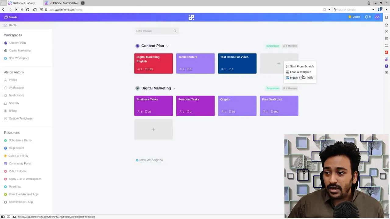 Start Infinity workspace dashboard showing boards, workspaces, and member/subscription badges