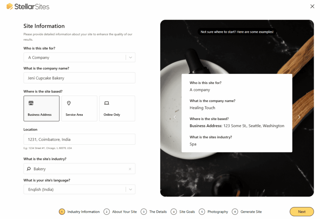 StellarSites website builder interface showing site information input fields. User is entering business details for a bakery. StellarSites website builder interface showing site information input fields. User is entering business details for a bakery.